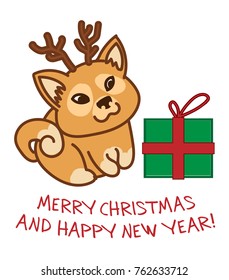 Christmas dog Shiba Inu with deer horns on christmas card with gift. Vector illustration