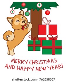 Christmas dog standing on christmas tre. Christmas card. Shiba Inu dog with gifts. Vector illustration.