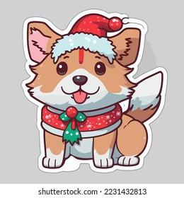 Christmas dog sticker, xmas puppy stickers isolated decoration. Winter collection