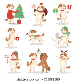 Vector de perro de Navidad tierno caricatura 2018 símbolo cachorrito ilustración pareja mascotas doggy diferentes Navidad celebran Navidad juntos en diferentes poses Santa Red sombreros