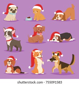 Vector de perro de Navidad tierno caricaturista caricaturista ilustración mascotas hogar garabatos diferentes poses de celebración de Navidad en Santa Red Hat