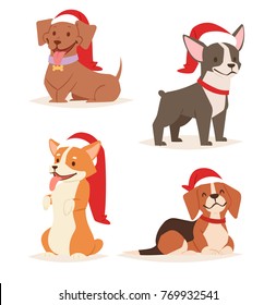 Christmas dog vector cute cartoon puppy characters illustration home pets doggy different Xmas celebrate poses in Santa Red Hat