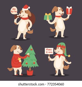 Christmas dog vector cute cartoon puppy character illustration pet doggy Xmas celebrate pose illustration