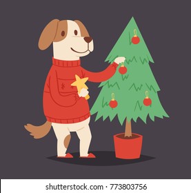 Christmas dog vector cute cartoon puppy and tree character illustration pet doggy Xmas celebrate pose illustration