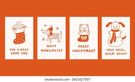 Christmas Doggy Poster Set with Quotes. Adorable Doodle Greeting cards collection with quirky phrases and puppies for pets holiday design. Vector illustration