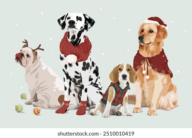 Christmas dogs, aesthetic vector illustration