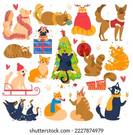 Christmas dogs and cats animals holiday funny pet, christmas, tree, gift box design cartoon vector illustration isolated on white.