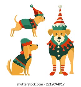 Colección de perros de Navidad. Gracioso garabato en la festividad de elfo vectorial ilustración. Santa ayuda al grupo de cachorros de perro con ropa de elfos aislados. Celebración de Navidad, antecedentes de la mascarada de Año Nuevo