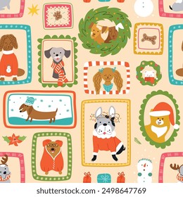 Christmas dogs cute seamless pattern. Cute puppies portrait framed hanging on wall. Vector winter holiday pets print, geometric wallpaper funny New Year background. Different kind of dogs illustration