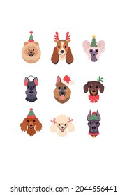 Christmas Dogs Faces collection. Vector illustration of funny cartoon different breeds dogs in Christmas costumes. Isolated on white.
