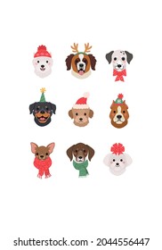 Christmas Dogs Faces collection. Vector illustration of funny cartoon different breeds dogs in Christmas costumes and winter clothes. Isolated on white.