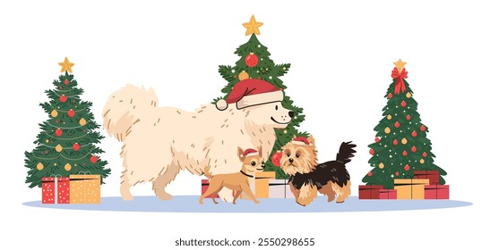 Navidades Perros Escenario festivo Alegría de vacaciones. Tres perros con sombreros de Papá Noel cerca de árboles de Navidad decorados con regalos en el suelo. Perfecto para tarjetas de vacaciones