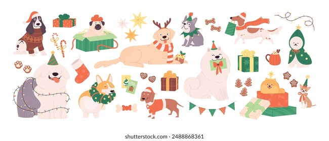 Christmas dogs. Funny party puppies in new year costumes and accessories. Winter holiday characters, cute dogs stickers racy vector clipart