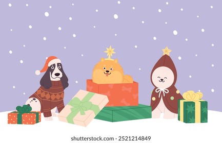 Christmas dogs gifts scene. Dog sitting in present box, wear santa claus hat and winter new year holiday costumes. Seasonal greetings vector card