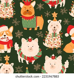 Christmas dogs, gifts and snowflakes vector seamless pattern. Cute puppy dressed in Christmas costumes, snow, presents with holiday decorations. Winter, New Year festive texture.