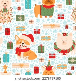 Christmas dogs, gifts and snowflakes vector seamless pattern. Cute puppy dressed in Christmas costumes, snow, presents with holiday decorations. Winter, New Year festive texture.