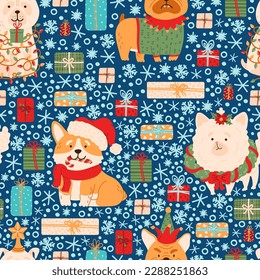 Christmas dogs, gifts and snowflakes vector seamless pattern. Cute puppy dressed in Christmas costumes, snow, presents with holiday decorations. Winter, New Year festive texture.