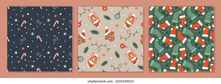 Christmas and Dogs patterns collection. Vector illustration of three flat seamless patterns with cute cartoon puppies in winter hats and scarfs, Christmas socks, balls, and other decor 