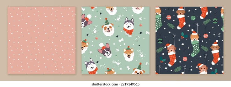 Christmas and Dogs patterns collection. Vector illustration of three flat seamless patterns with cute cartoon puppies in Christmas hats and socks, and a snowing abstract pattern