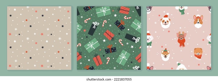 Christmas and Dogs patterns collection. Vector illustration of three flat seamless patterns with cute cartoon puppies in funny Christmas hats, gift boxes, and abstract pattern with stars