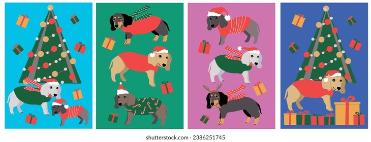 Christmas dogs in a red coat and green scarf, hat with a pompom. Labrador, dackshund, christmas tree. Winter cards. Vector illustration.