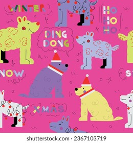 Christmas dogs in Santa clothes seamless pattern