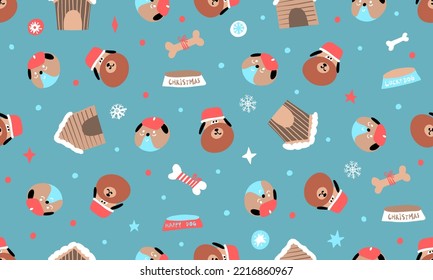 Patrón de perros de Navidad sin fisuras. Vacaciones de invierno de fondo azul doggi con bolas de nieve y huesos. Para regalo y papel de envoltura. Niños y bebés textiles. Cuadros.  