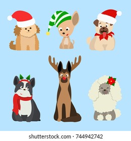 Christmas dogs set. Funny cartoon animals in santa hats.