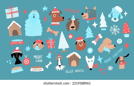 Christmas dogs set. Winter holiday doggi blue background. For gift and wrapping paper. Kids and baby textile. Cover books ans stickers 