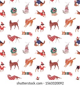 Christmas dogs vector seamless pattern. Puppies of different breads in funny Xmas costumes background. Dachshund, dalmatians, pug and corgi. Festive winter holiday wrapping paper design.