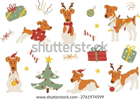 Christmas Dogs Vector Set, Cute Holiday Puppies with Gifts, Sweater, Lights, Reindeer Antlers, Festive Cartoon Pets Collection Isolated on White