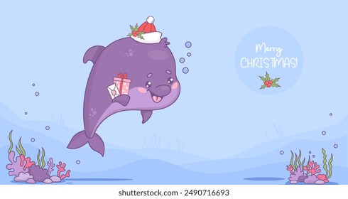 Christmas dolphin in Santa hat with gift and letter. New Year horizontal poster banner with underwater world and holiday cartoon kawaii character animal. Vector illustration with empty space for text