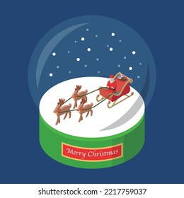 Christmas dome with a scene of Santa Claus riding in a sleigh with his reindeer to distribute Christmas presents. Isometric illustration based on the concept of Christmas.
