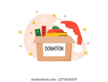 Donación de Navidad. Caja de donaciones de navidad. Ilustración vectorial.