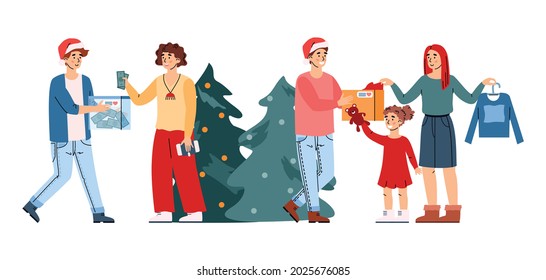 Christmas donation scene with happy people giving holiday gifts. Flat style vector illustration isolated. Charity during christmas and new year holidays, concept charitable activity, mercy