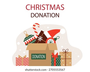 Donación de Navidades. Ilustración vectorial con una caja de donación de Navidades, paquetes de regalo y decoraciones navideñas. Concepto de voluntariado de Navidades. Aislado