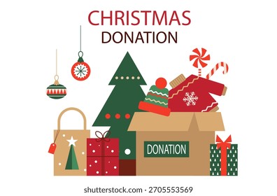 Christmas donation. Vector illustration with a Christmas donation box, gift packages, and holiday decorations. Concept of Christmas volunteering. Isolated