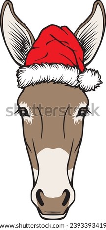 Christmas Donkey Head with Santa Hat Color. Vector Illustration.