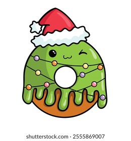 Christmas donut character icon, Christmas tree with glowing garland with colored lights. Vector simple illustration in cartoon kawaii style isolated on white background.