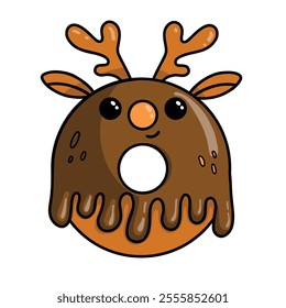 Christmas donut character icon. Vector illustration of winter holiday deer in childish cartoon style with black contour for kids. Isolated on white background.