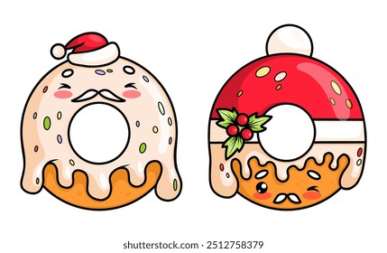 Christmas donut in Santa Claus with dripping glaze set. Isolated funny holiday New Year kawaii cartoon character food. Vector illustration. Kids collection