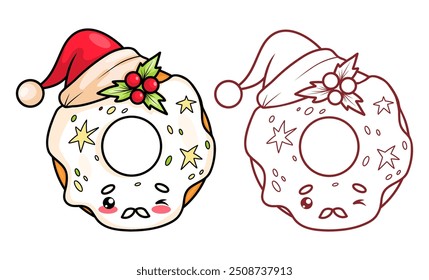 Christmas donut in Santa Claus with glaze set. Isolated colored and outline stroke Festive New Year kawaii cartoon character. Line drawing, coloring book. Vector illustration. Kids collection