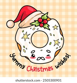 Christmas donut Santa hat donut with holly and white icing. Festive New Year greeting card with delicious pastries cartoon kawaii character and congratulations. Vector illustration. Kids collection 