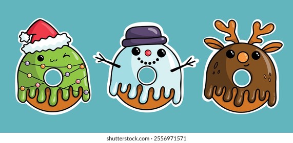 Christmas donut sticker set. New Year decorative glazed cookies such as Cristmas tree, deer and snowman. Cartoon vector illustration.
