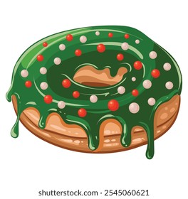 Christmas donut. Xmas sweet pastry in New Year colors with drops of glaze. Isolated traditional holiday sweet bakery. Vector illustration.