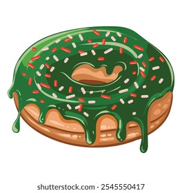 Christmas donut. Xmas sweet pastry in New Year colors with drops of glaze. Isolated traditional holiday sweet bakery. Vector illustration.