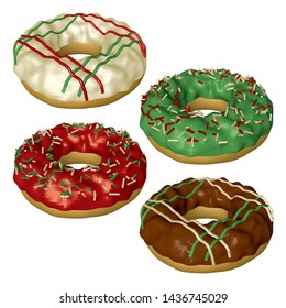 Christmas Donuts Collection Isolates on White Background. Holiday Cakes with Sprinkles and Glaze in Green Red. Realistic Vector Illustration.