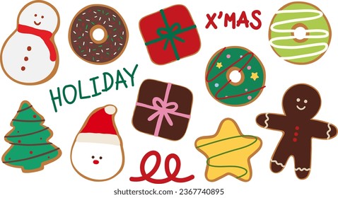 Christmas donuts drawing such as Christmas tree, gift or present, Santa Claus, star, Christmas wreath and gingerbread man for holiday pastry, cookie, winter bakery, cafe icons, X'mas sticker, logo, ad