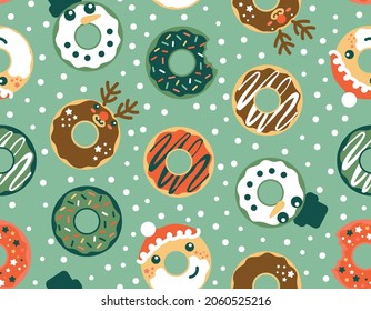 Christmas donuts repeat textile print with, Santa, snowman and reindeer character design.