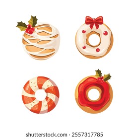 Christmas donuts. Vector image of donuts decorated in Christmas style, ornament, mistletoe, berries, glaze.